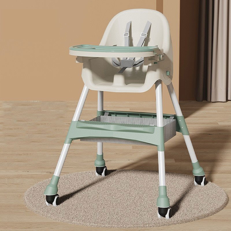 Scaun de masa pentru bebelusi si copii Flippy, cu roti, telescopic, pliabil, masuta reglabila, suport picioare, scaun invelis piele artificiala, centura siguranta, spatiu depozitare, 97 x 73 x 65 cm,  [4]