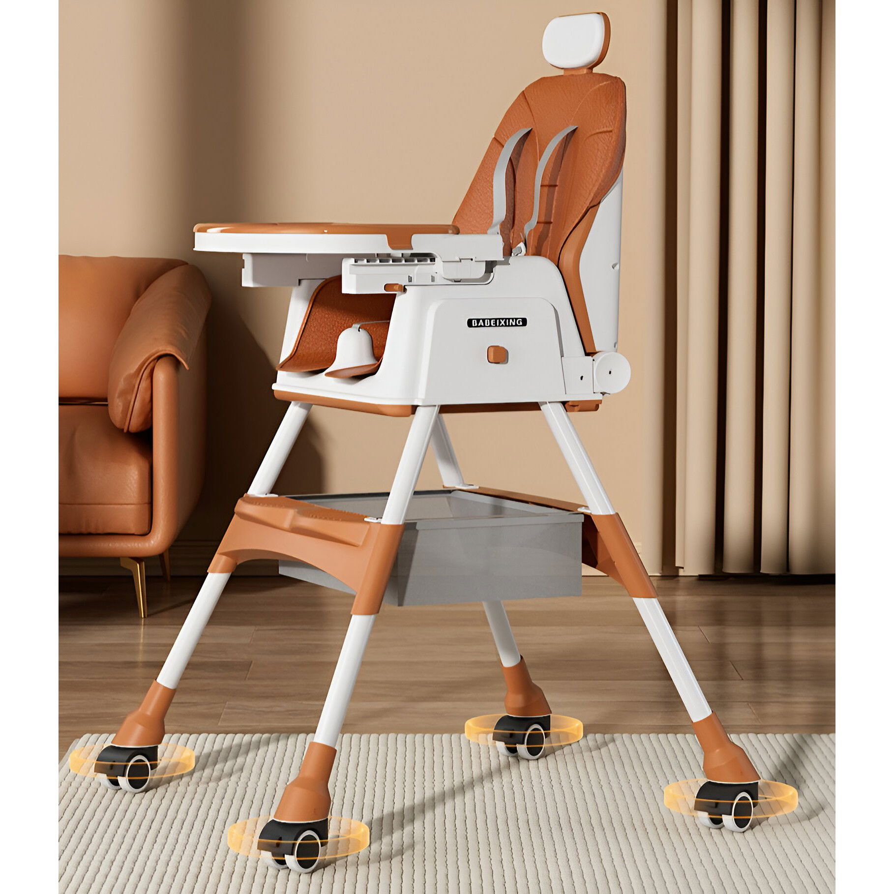 Scaun de Masa pentru Bebelusi si Copii Flippy, cu Roti, cu Tetiera, Telescopic, Pliabil, Masuta Reglabila, Suport Picioare, Scaun cu Invelis Piele Artificiala, Centura Siguranta, Spatiu Depozitare, 97 [6]