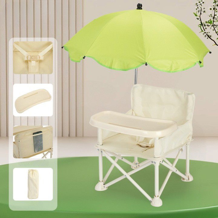 Scaune de masa bebe - Scaun de Masa pentru Bebelusi si Copii, Flippy, Tavita si Husa Detasabile, Multifuncțional, Stabil, Centura de Siguranta, Cos de Depozitare, Bej, cu Umbrela Verde, de la 6 Luni