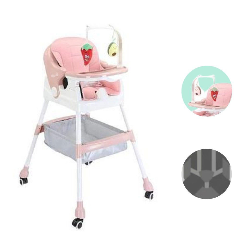 Scaune de masa bebe - Scaun de Masa pentru Copii, Flippy, Multifunctional, Pliabil, cu Roti, Cos de Depozitare, din Plastic, Centura de Siguranta, Suport de Agatat Jucarii, 110 x 60 x 70 cm, Roz