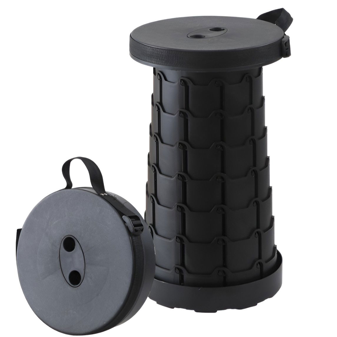 50 - 100 LEI - Scaun Telescopic Pliabil pentru Camping si Pescuit, Flippy, Portabil, Universal, Sustine 150 kg, ABS, Diametru 25 cm, Extensibil, Inaltime 45 cm, Negru