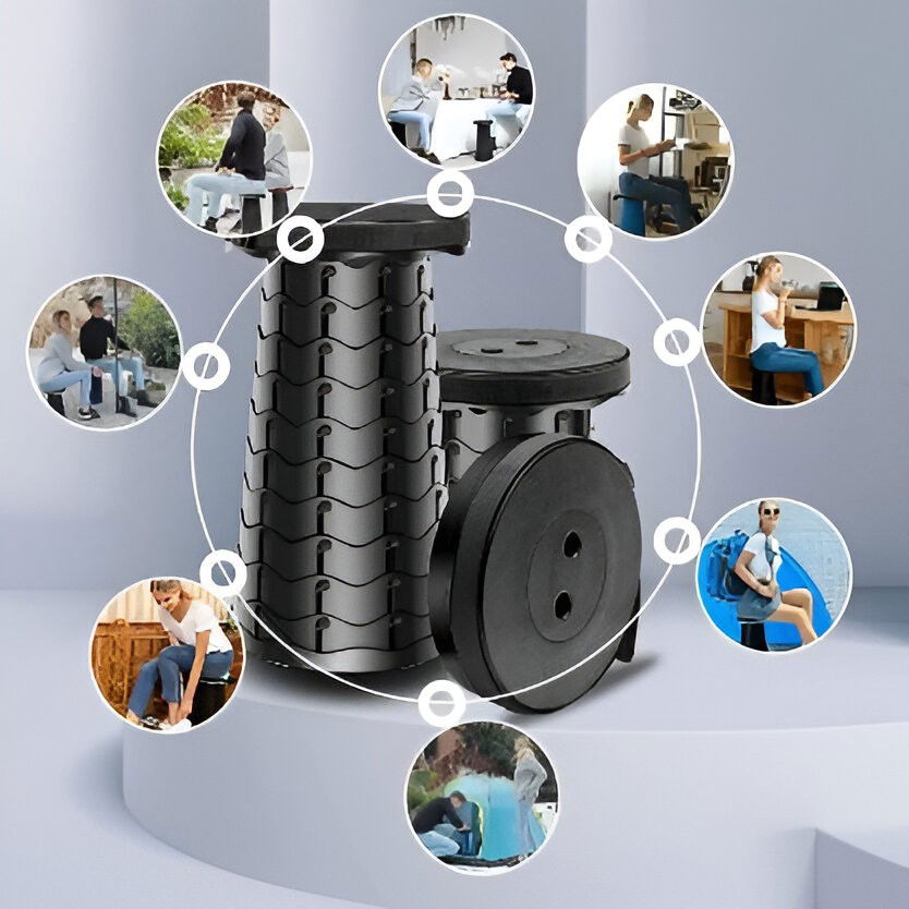 Scaun Telescopic Pliabil pentru Camping si Pescuit, Flippy, Portabil, Universal, Sustine 150 kg, ABS, Diametru 25 cm, Extensibil, Inaltime 45 cm, Negru [6]