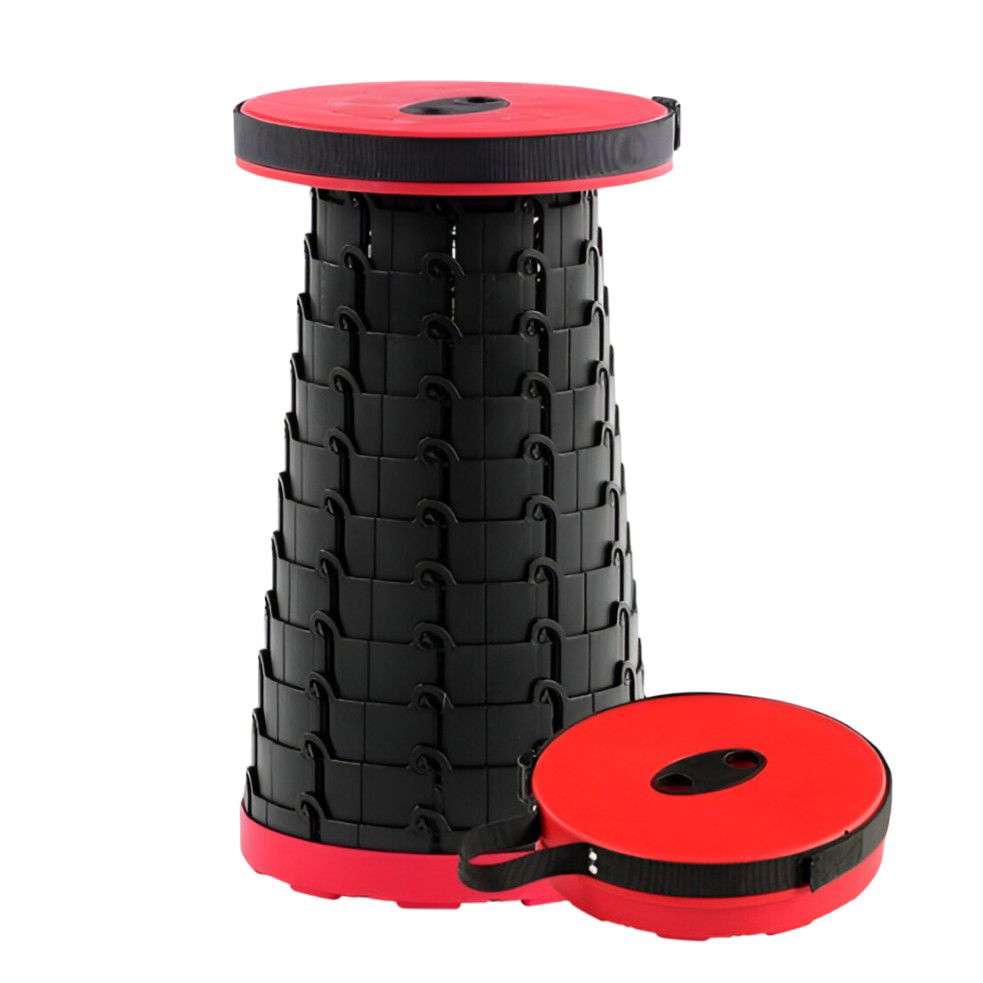 Pentru casa - Scaun Telescopic Pliabil pentru Camping si Pescuit, Flippy, Portabil, Universal, Sustine 150 kg, ABS, Diametru 25 cm, Extensibil, Inaltime 45 cm, Rosu-Negru