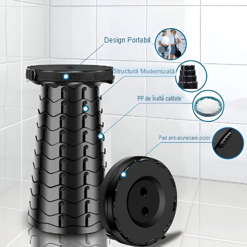 Scaun Telescopic Pliabil pentru Camping si Pescuit, Flippy, Portabil, Universal, Sustine 150 kg, ABS, Diametru 25 cm, Extensibil, Inaltime 45 cm, Negru [4]