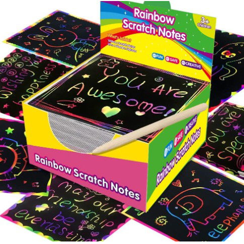 Set 100 de Foi de Hartie de Razuit, Flippy, cu Creion din Bambus, pentru Desen, 8.5 x 8.5, Curcubeu, Negru [3]