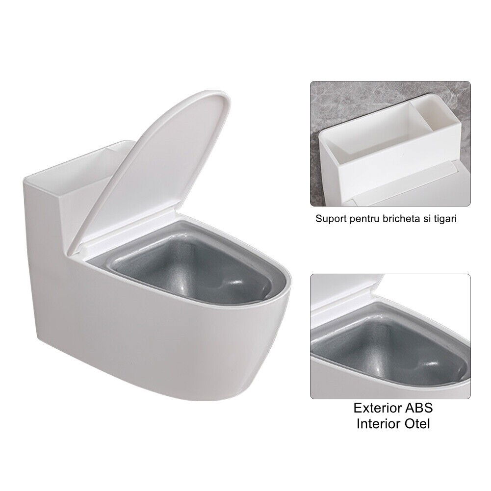 Articole pentru baie - Scrumiera creativa Flippy, Forma de Toaleta, Capac Alb , Material ABS si Otel Inoxidabil, 12.5 x 9.8 x 8.4 cm, Fixare prin Lipire sau De Sine Statator, pentru Baie, Camera, Bucatarie, Balcon, Alb