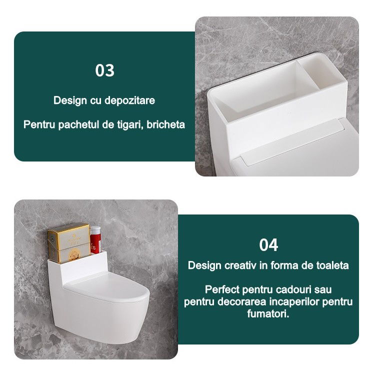 Scrumiera creativa Flippy, Forma de Toaleta, Capac Argintiu, Material ABS si Otel Inoxidabil, 12.5 x 9.8 x 8.4 cm, Fixare prin Lipire sau De Sine Statator, pentru Baie, Camera, Bucatarie, Balcon, Argi [5]