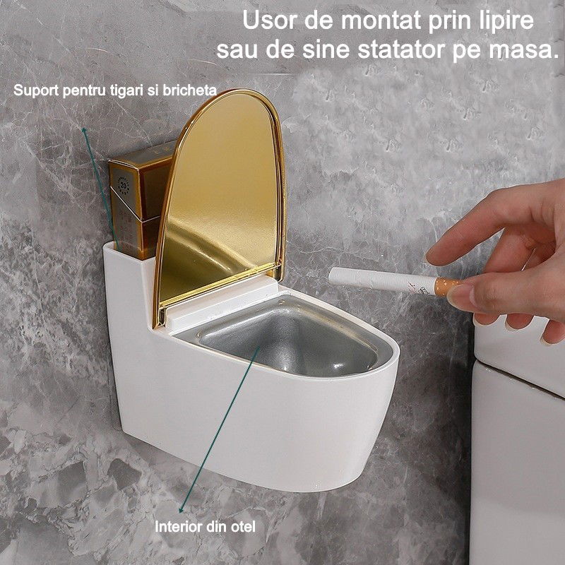 Articole pentru baie - Scrumiera creativa Flippy, Forma de Toaleta, Capac Auriu, Material ABS si Otel Inoxidabil, 12.5 x 9.8 x 8.4 cm, Fixare prin Lipire sau De Sine Statator, pentru Baie, Camera, Bucatarie, Balcon, Auriu