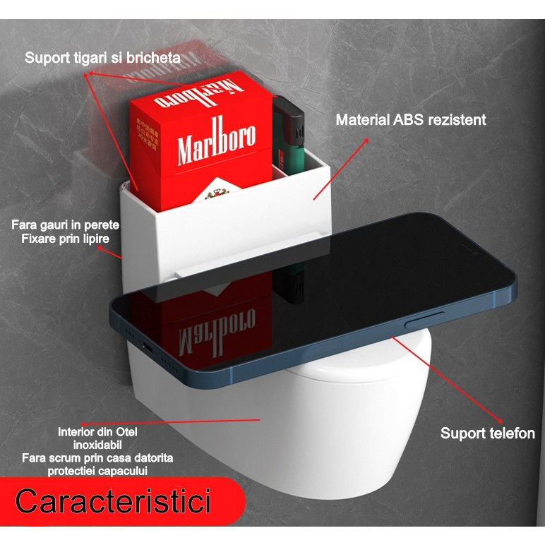 Scrumiera creativa Flippy, Forma de Toaleta, Capac Alb , Material ABS si Otel Inoxidabil, 12.5 x 10 x 8 cm, Fixare prin Lipire sau De Sine Statator, pentru Baie, Camera, Bucatarie, Balcon, Alb, model  [3]