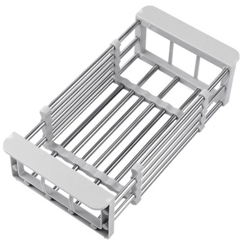 50 - 100 LEI - Suport Scurgere Extensibil pentru Bucatarie, Flippy, Uscator Vase din Otel Inoxidabil, Suport Tacamuri si Pahare, Suport pentru Fructe si Legume, 24.5 x 16.5 x 9.5 cm Gri deschis