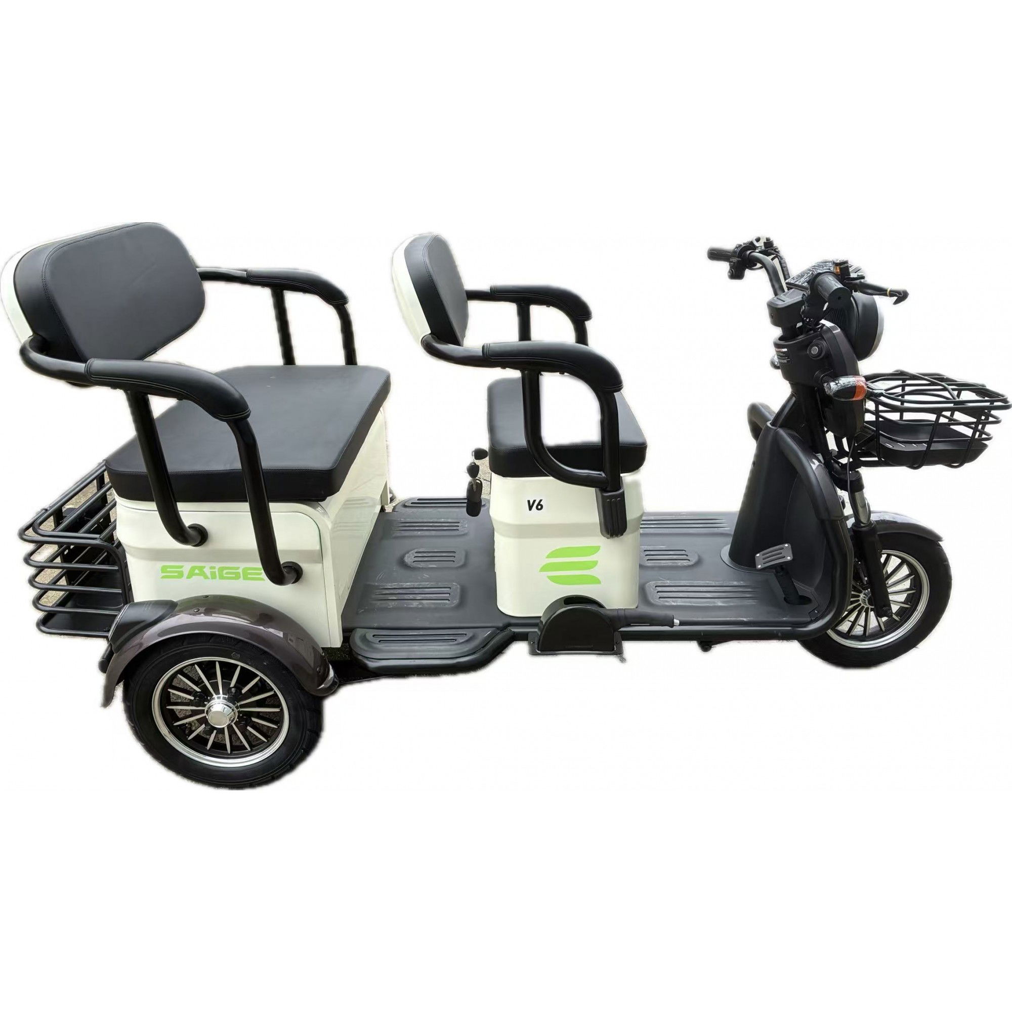 Triciclu Electric V6, Saige, Fara Permis, cu Doua Locuri, Motor 1800W, Baterie 72V24Ah, Autonomie 60km, 220x88x105 cm, Viteza Maxima 25km/h, Alb Coffee [10]