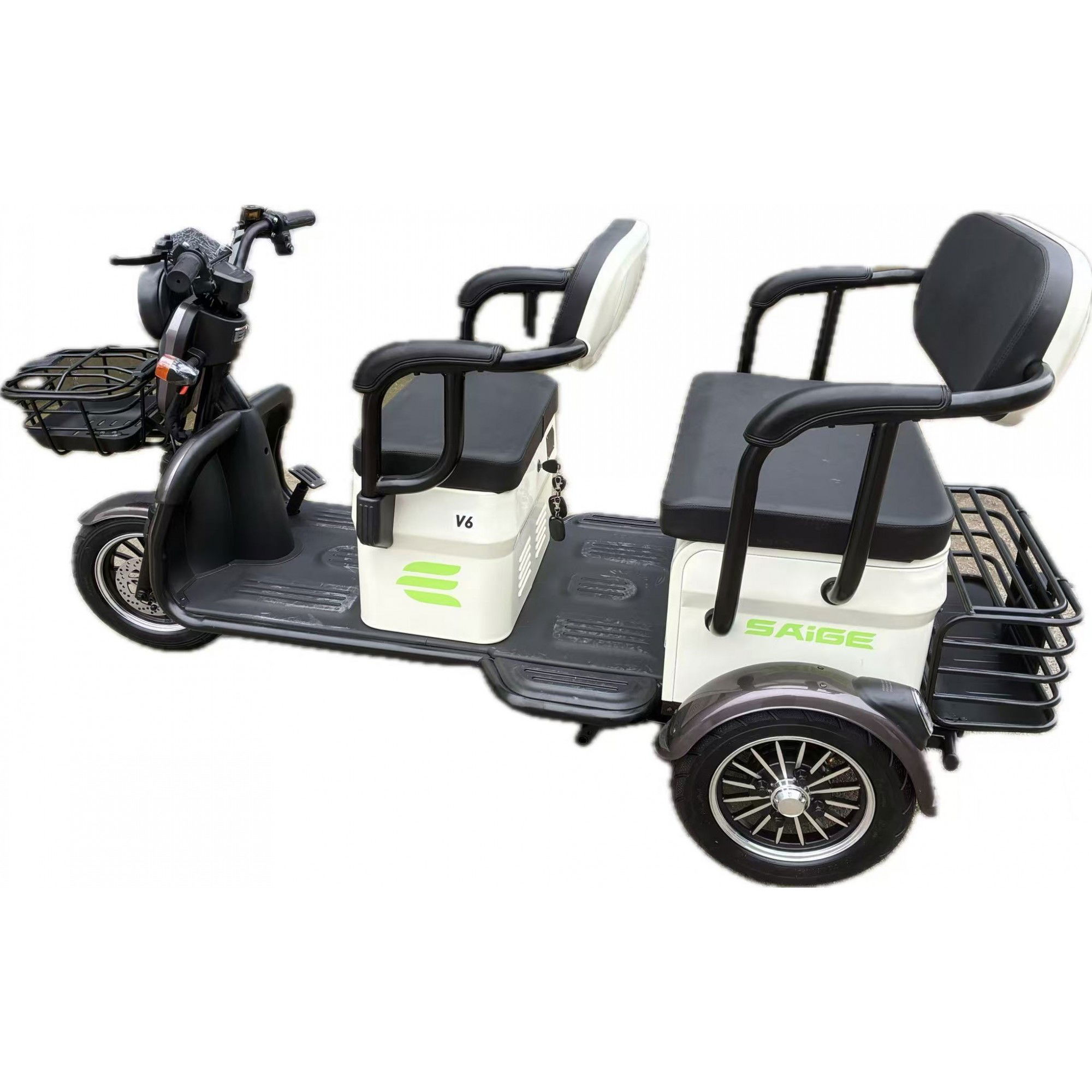 Triciclu Electric V6, Saige, Fara Permis, cu Doua Locuri, Motor 1800W, Baterie 72V24Ah, Autonomie 60km, 220x88x105 cm, Viteza Maxima 25km/h, Alb Coffee [13]