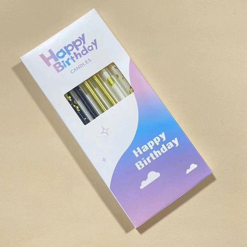 Set 6 Lumanari Lungi, Flippy, din Parafina, 10 x 0.5 cm, Happy Birthday, Alb/Negru/Auriu [2]