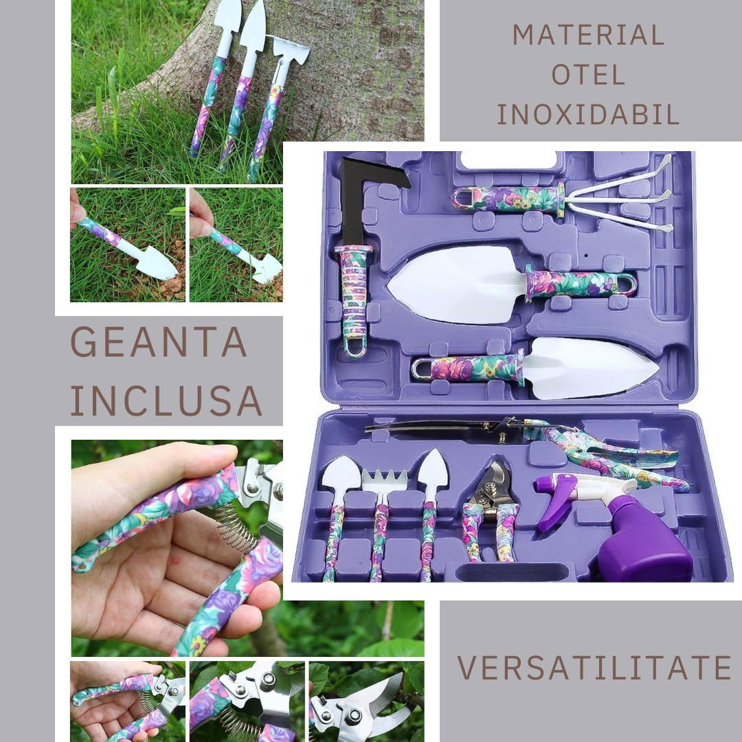 Set 10 accesorii pentru gradinarit Flippy, geanta depozitare inclusa, otel inoxidabil, 37 x 28 cm, mov [5]