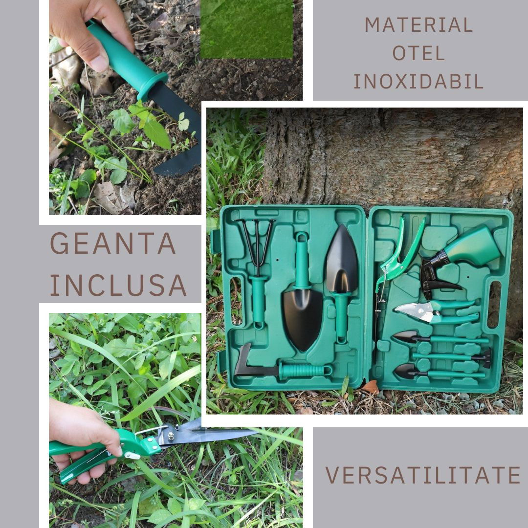 Pentru casa - Set 10 accesorii pentru gradinarit Flippy, geanta depozitare inclusa, otel inoxidabil, 37 x 28 cm, verde