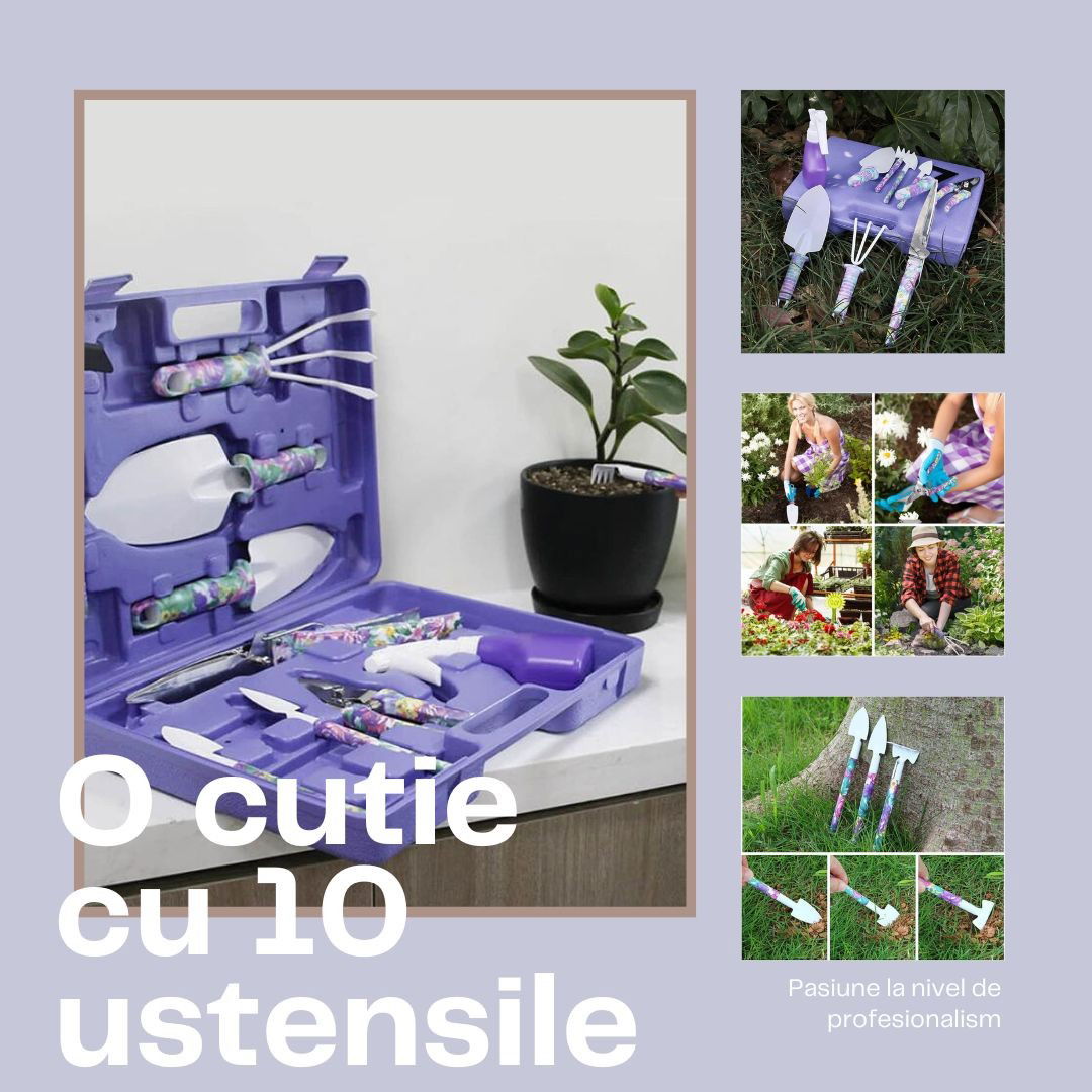 Articole pentru Gradina si Bricolaj - Set 10 accesorii pentru gradinarit Flippy, geanta depozitare inclusa, otel inoxidabil, 37 x 28 cm, mov