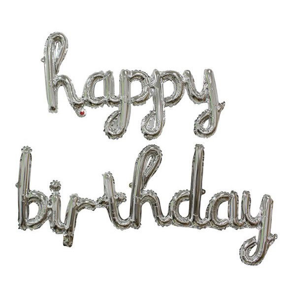 Seturi Baloane Folie - Set 10 Baloane din Folie Metalizata, Flippy, Figurine Litere, Model Scris de Mana Happy Birthday, Tema Aniversare, 40 cm, Ambalaj Individual, Pai Inclus, Umflare cu Aer sau Heliu, Argintiu