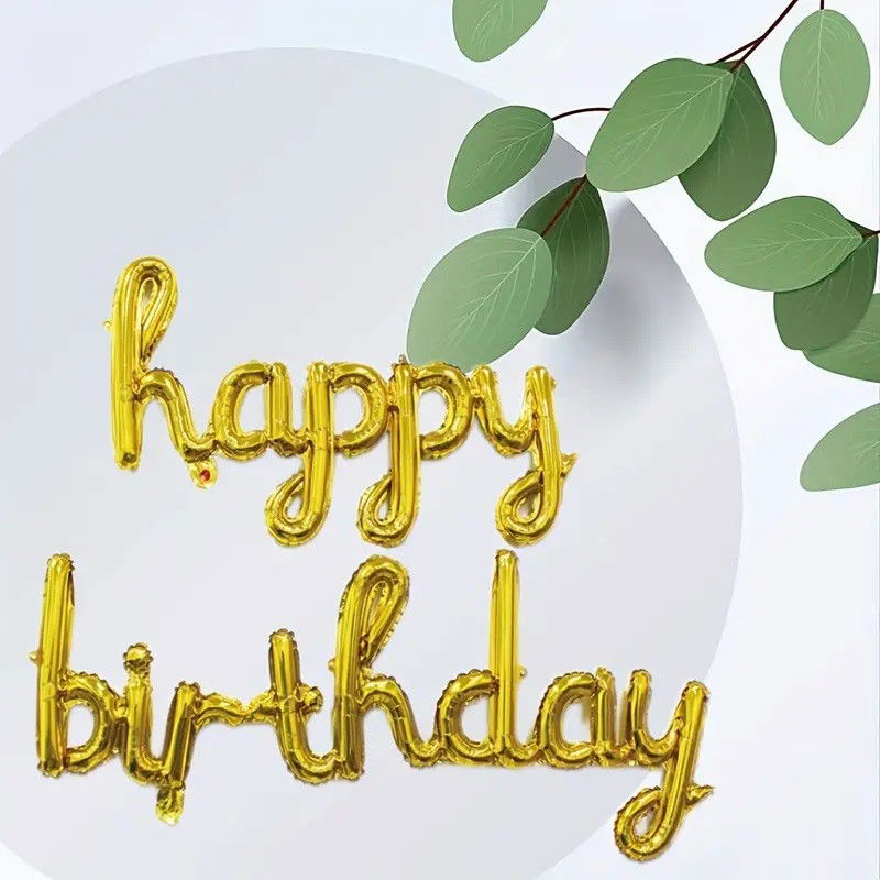 Seturi Baloane Folie - Set 10 Baloane din Folie Metalizata, Flippy, Figurine Litere, Model Scris de Mana Happy Birthday, Tema Aniversare, 40 cm, Ambalaj Individual, Pai Inclus, Umflare cu Aer sau Heliu, Auriu