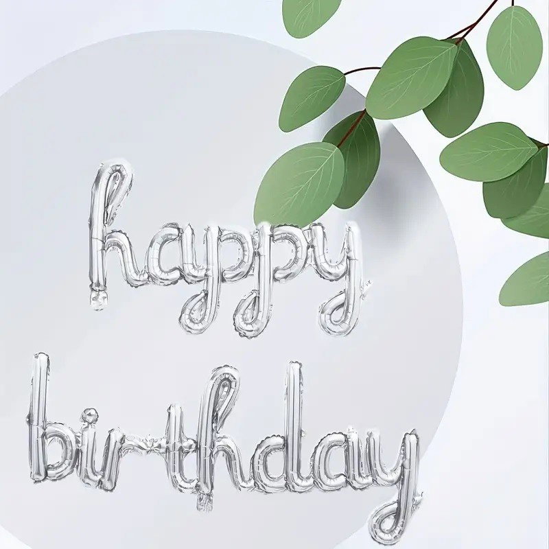 Seturi Baloane Folie - Set 10 Baloane din Folie Metalizata, Flippy, Figurine Litere, Model Scris de Mana Happy Birthday, Tema Aniversare, 40 cm, Ambalaj Individual, Pai Inclus, Umflare cu Aer sau Heliu, Argintiu