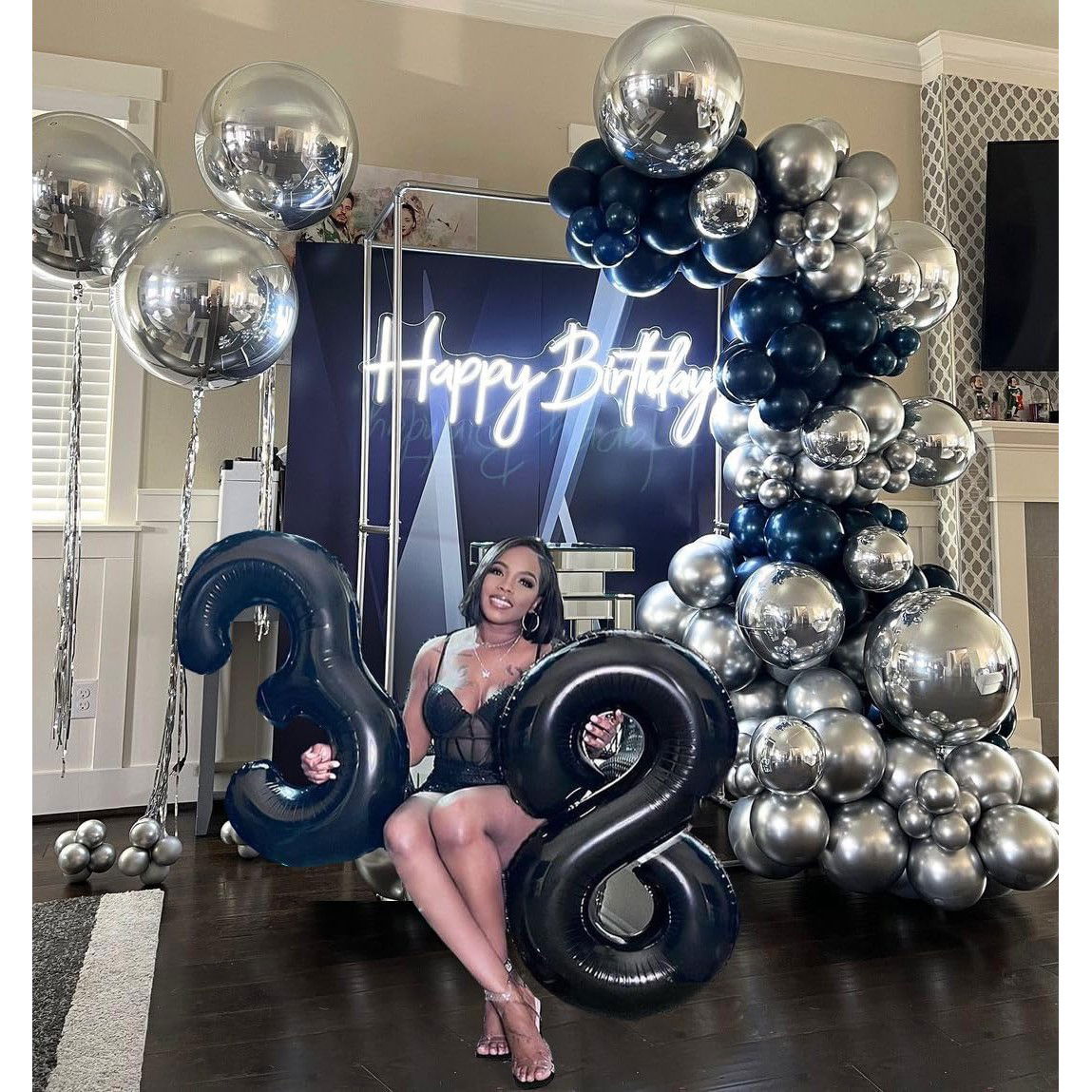 Set 10 Baloane din Latex Chrome, Flippy, Model Party, 23 cm, Negru Argintiu, 2.2 g [4]