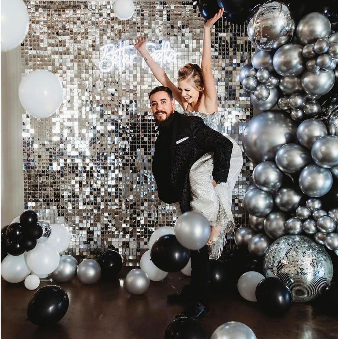 Petrecere - Set 10 Baloane din Latex Chrome, Flippy, Model Party, 23 cm, Negru Argintiu, 2.2 g