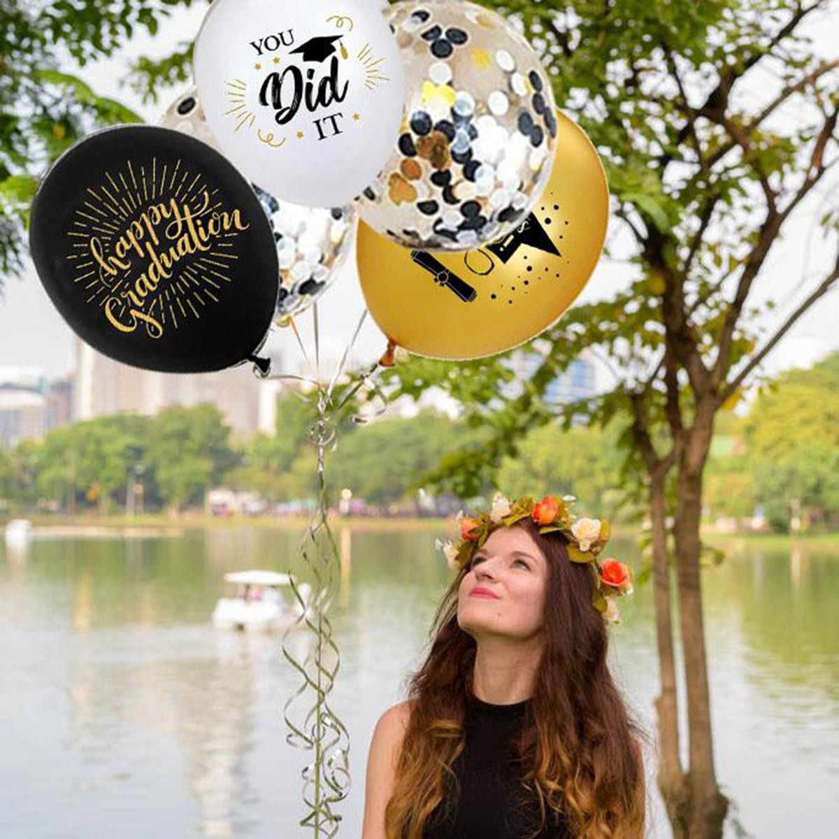 Set 10 Baloane din Latex Metalizate, Flippy, Model Absolvire, Negru Auriu Alb, 23 cm, 1.4 g [3]