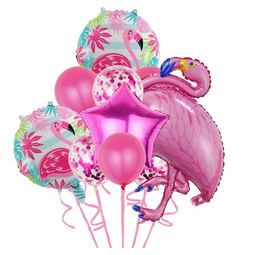 Petrecere - Set Baloane party aniversare, Flippy, din Folie de aluminiu si Latex, set din 10 baloane Flamigo Party, 1 stea, 5 baloane latex, 2 rotunde, 60 -90 cm, Roz