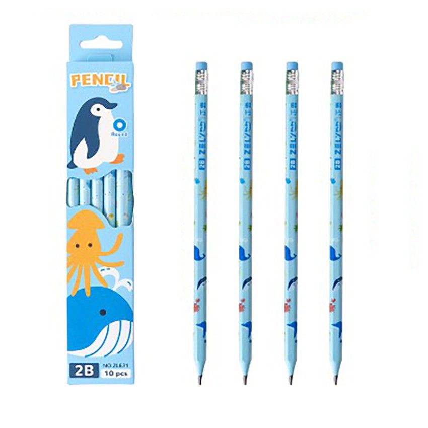 10 - 25 LEI - Set 10 Creioane Negre, Flippy, 2B, pentru Elevi Scoala, cu Radiera, Model Albastru cu Pinguini