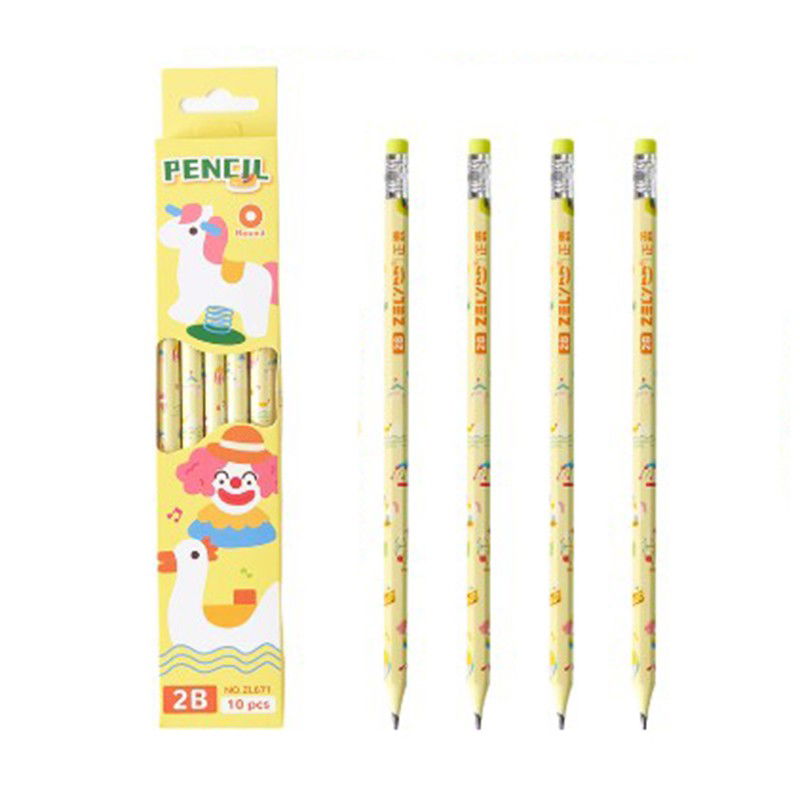 Set 10 Creioane Negre, Flippy, 2B, pentru Elevi Scoala, cu Radiera, Model Galben cu Circ [1]