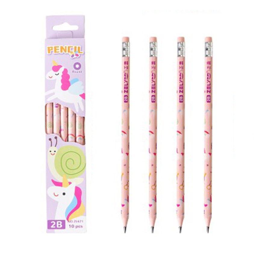 Set 10 Creioane Negre, Flippy, 2B, pentru Elevi Scoala, cu Radiera, Model Roz cu Unicorni [1]