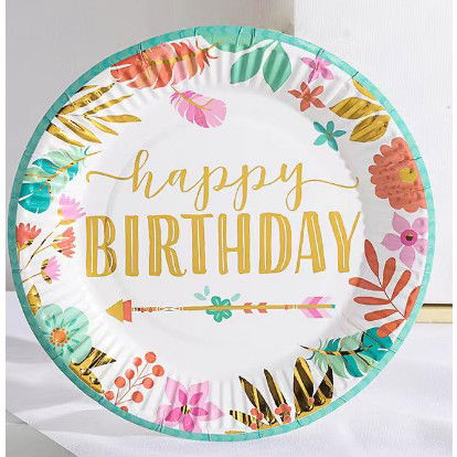 Set 10 Farfurii Unica Folosinta, Flippy, Imprimeu Happy Birthday Frunze, din Carton, Diametru 18 cm, Multicolor [3]