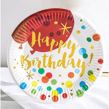 Set 10 Farfurii Unica Folosinta, Flippy, Imprimeu Happy Birthday Buline, din Carton, Diametru 18 cm, Multicolor [4]