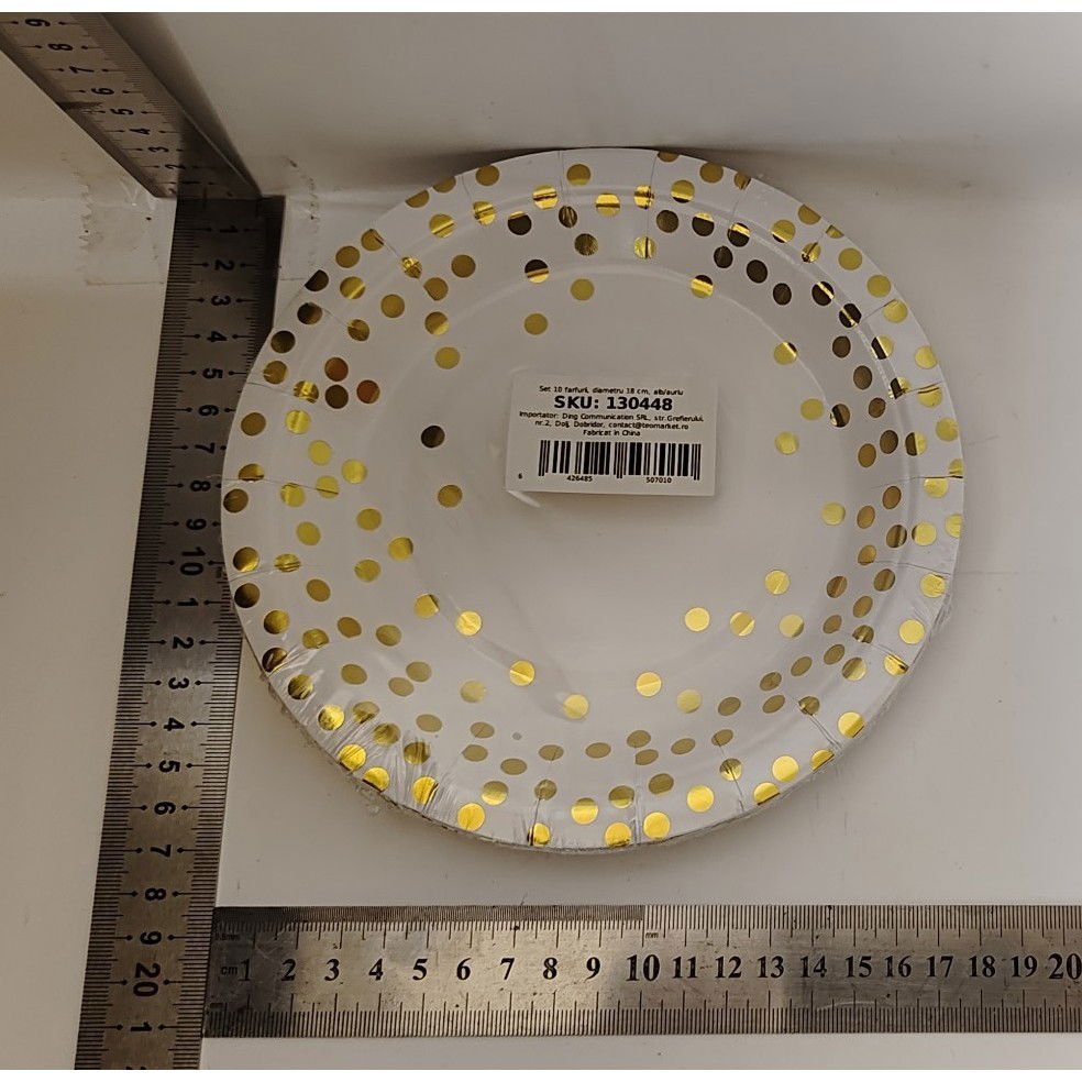 Set 10 Farfurii Unica Folosinta, Flippy, Imprimeu cu Buline, din Carton, Diametru 18 cm, Alb/Auriu [5]