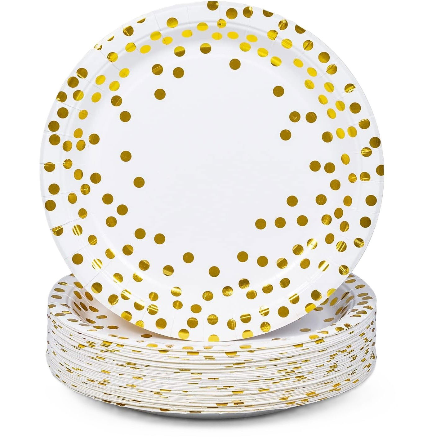 Articole Servire Masa - Set 10 Farfurii Unica Folosinta, Flippy, Imprimeu cu Buline, din Carton, Diametru 18 cm, Alb/Auriu