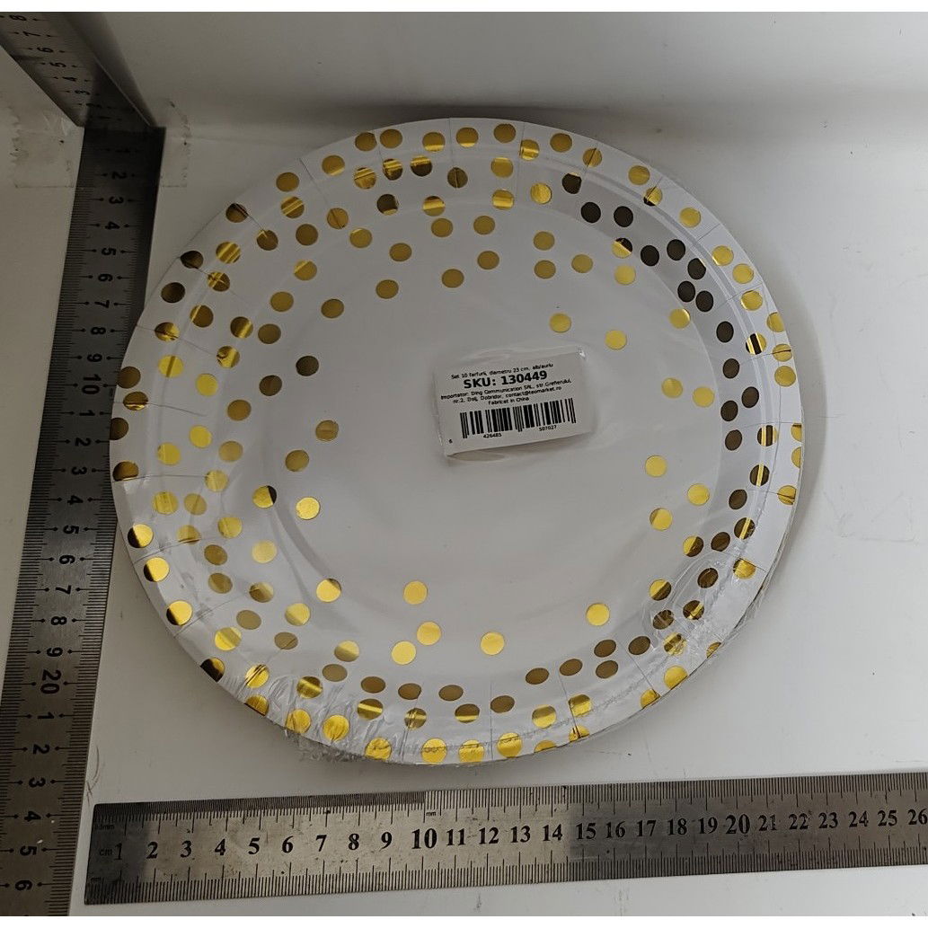 10 - 25 LEI - Set 10 Farfurii Unica Folosinta, Flippy, Imprimeu cu Buline, din Carton, Diametru 23 cm, Alb/Auriu