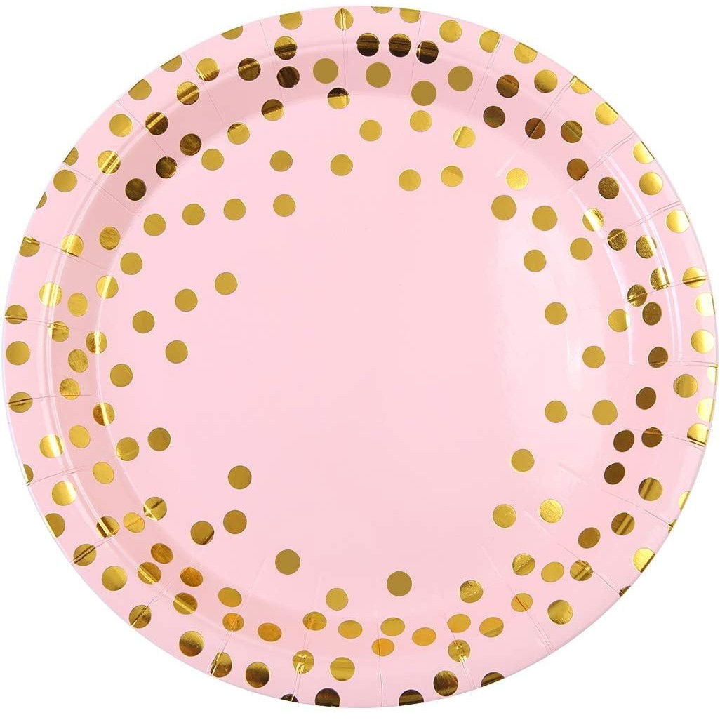 Articole Servire Masa - Set 10 Farfurii Unica Folosinta, Flippy, Imprimeu cu Buline, din Carton, Diametru 18 cm, Roz/Auriu