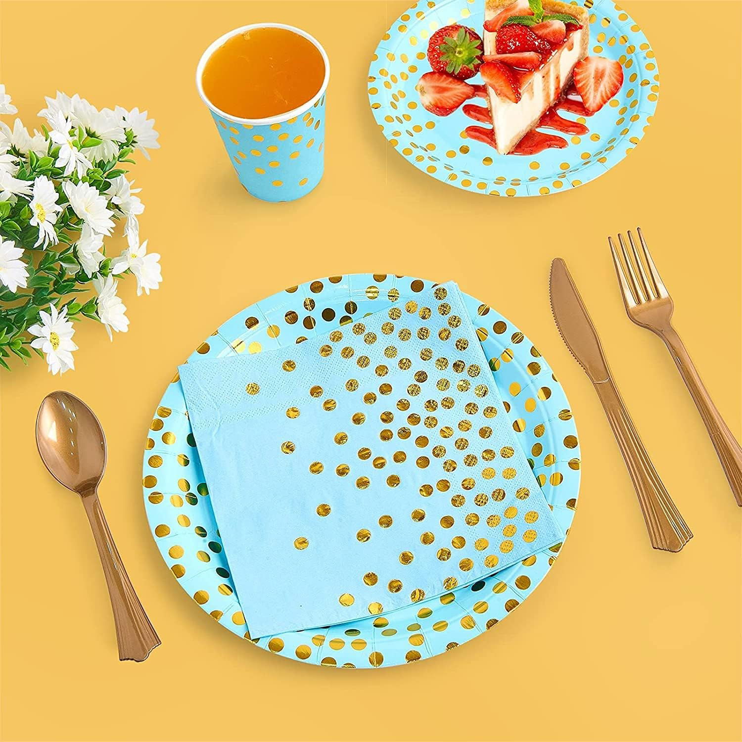 Set 10 Farfurii Unica Folosinta, Flippy, Imprimeu cu Buline, din Carton, Diametru 18 cm, Albastru/Auriu [4]