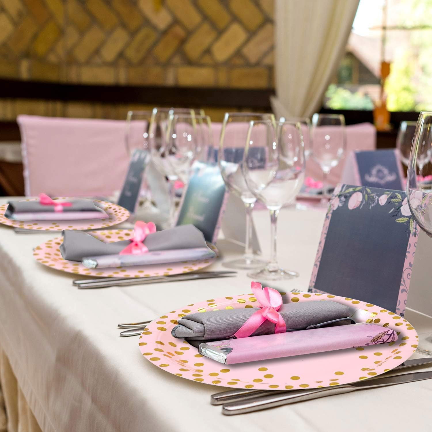 Set 10 Farfurii Unica Folosinta, Flippy, Imprimeu cu Buline, din Carton, Diametru 18 cm, Roz/Auriu [3]