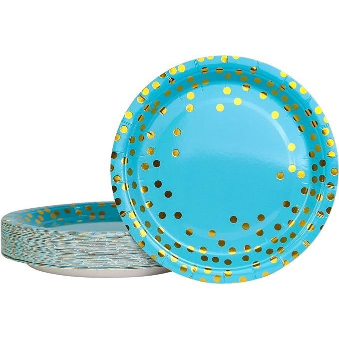 Articole Servire Masa - Set 10 Farfurii Unica Folosinta, Flippy, Imprimeu cu Buline, din Carton, Diametru 18 cm, Albastru/Auriu