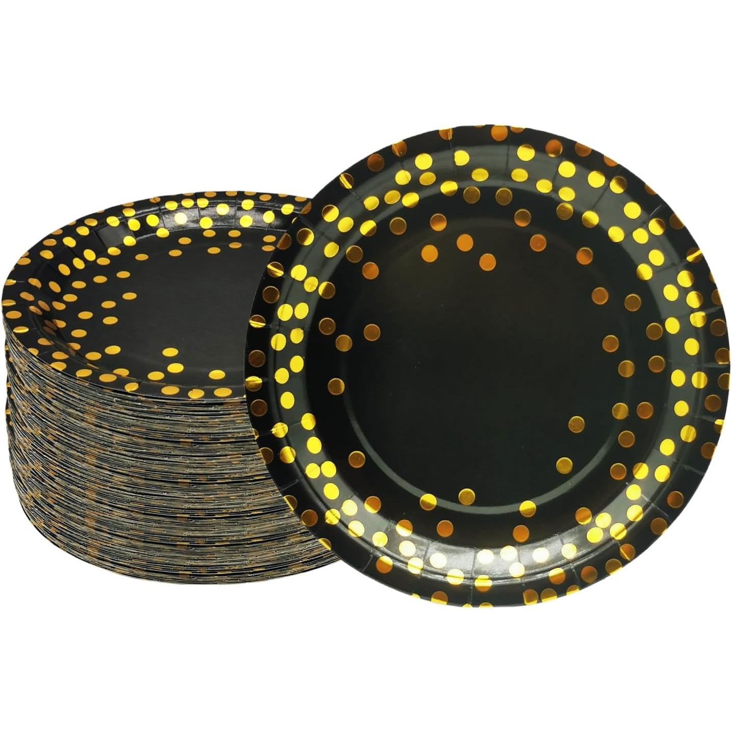 Set 10 Farfurii Unica Folosinta, Flippy, Imprimeu cu Buline, din Carton, Diametru 23 cm, Negru/Auriu [4]