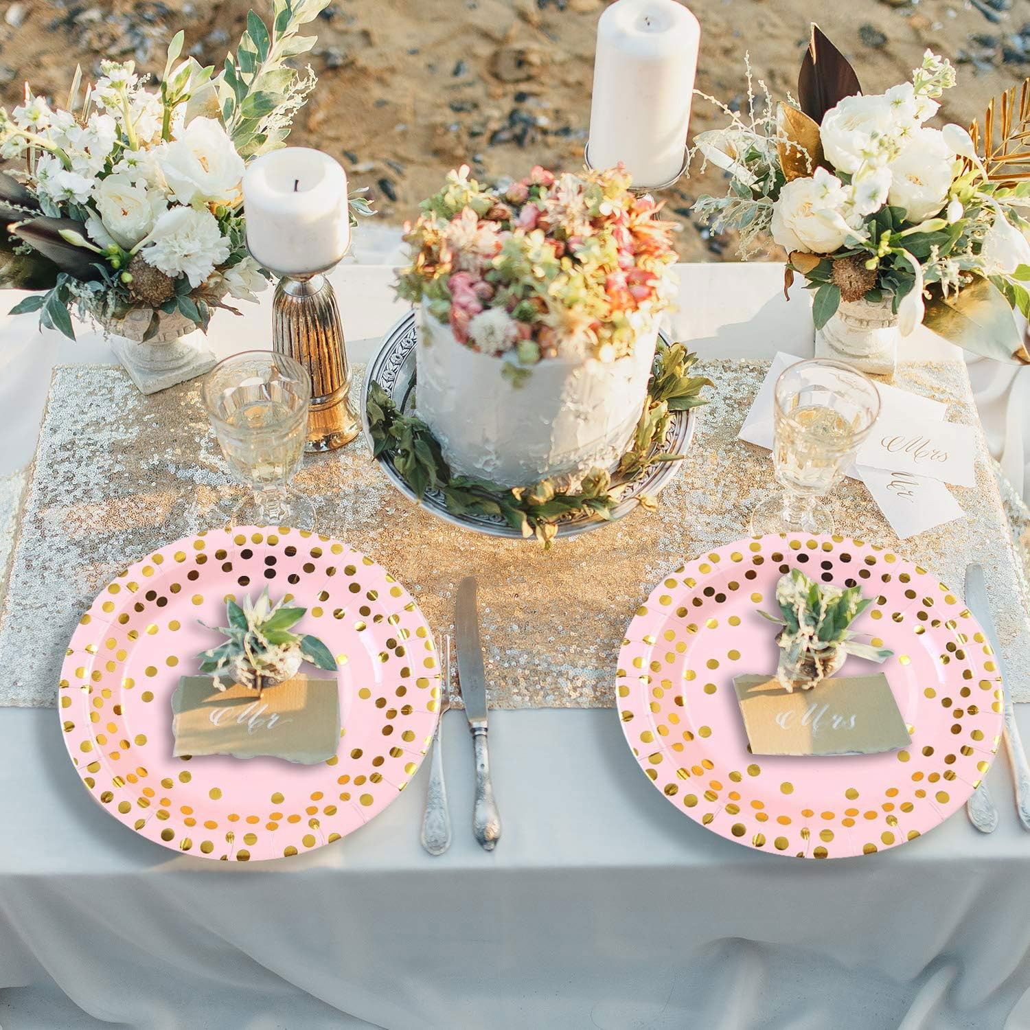 10 - 25 LEI - Set 10 Farfurii Unica Folosinta, Flippy, Imprimeu cu Buline, din Carton, Diametru 23 cm, Roz/Auriu