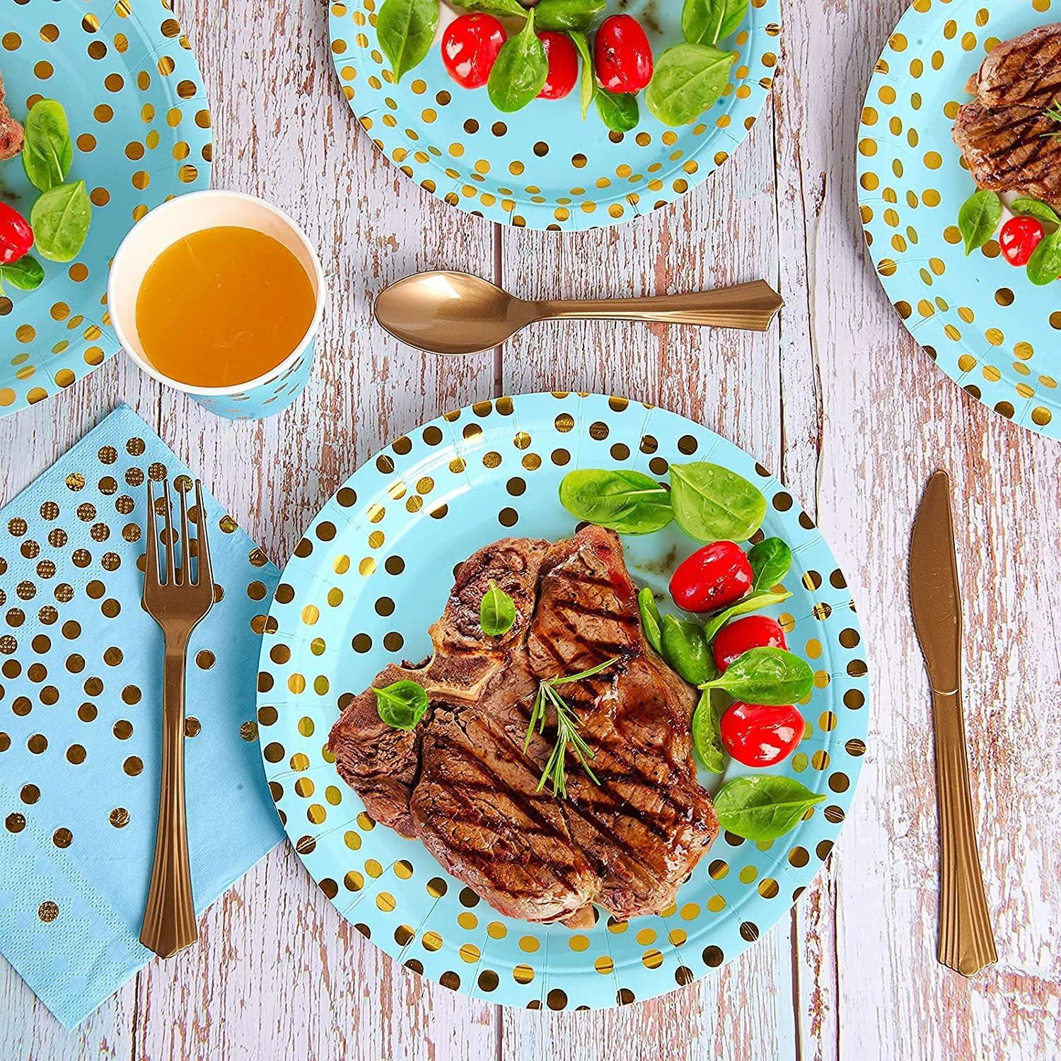 Set 10 Farfurii Unica Folosinta, Flippy, Imprimeu cu Buline, din Carton, Diametru 18 cm, Albastru/Auriu [3]