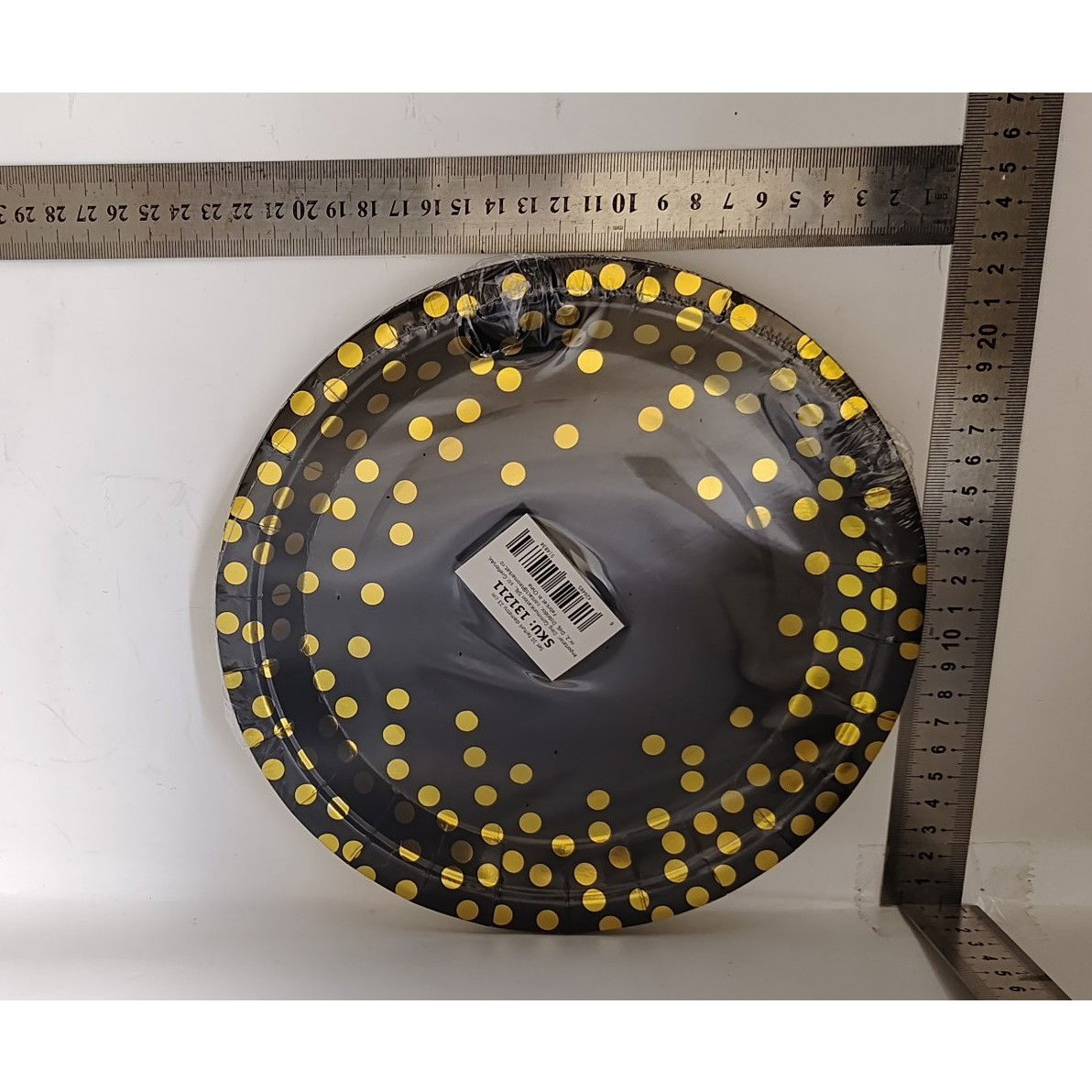 Set 10 Farfurii Unica Folosinta, Flippy, Imprimeu cu Buline, din Carton, Diametru 23 cm, Negru/Auriu [6]