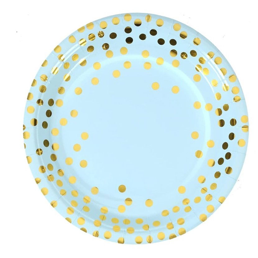 10 - 25 LEI - Set 10 Farfurii Unica Folosinta, Flippy, Imprimeu cu Buline, din Carton, Diametru 23 cm, Albastru/Auriu