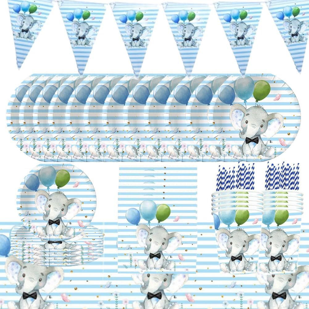 Set 10 Farfurii Unica Folosinta, Flippy, Imprimeu Elefant, din Carton, 22 cm, Albastru [5]