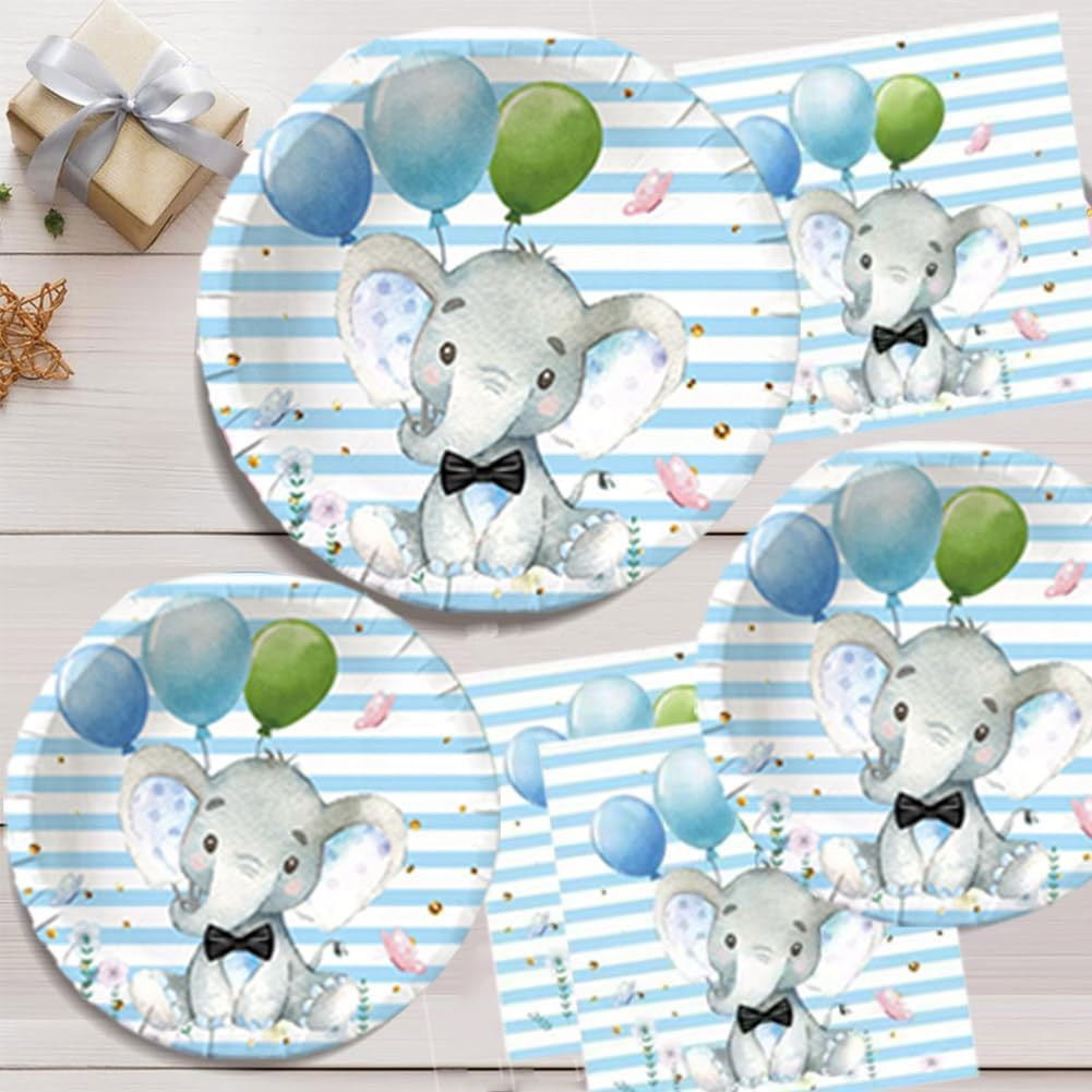 10 - 25 LEI - Set 10 Farfurii Unica Folosinta, Flippy, Imprimeu Elefant, din Carton, 17 cm, Albastru