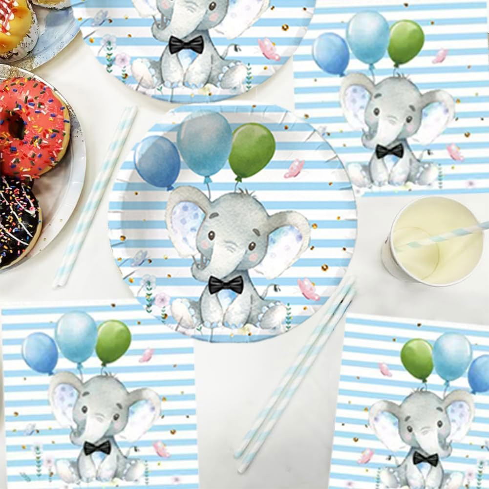 Set 10 Farfurii Unica Folosinta, Flippy, Imprimeu Elefant, din Carton, 22 cm, Albastru [4]