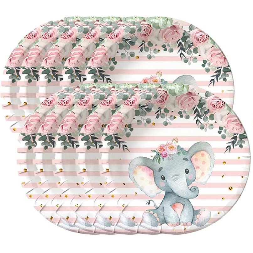 Articole Servire Masa - Set 10 Farfurii Unica Folosinta, Flippy, Imprimeu Elefant, din Carton, 17 cm, Roz