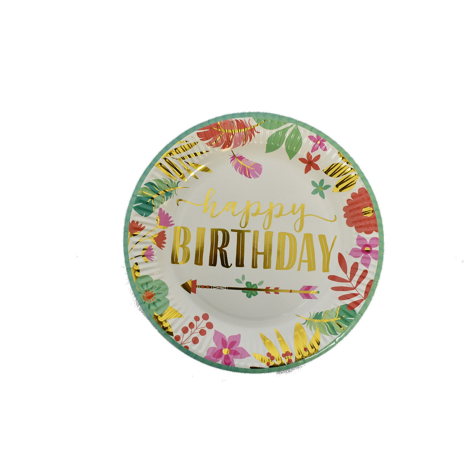 Articole Servire Masa - Set 10 Farfurii Unica Folosinta, Flippy, Imprimeu Happy Birthday Frunze, din Carton, Diametru 18 cm, Multicolor