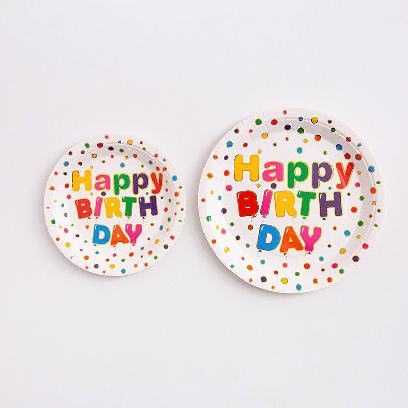 Articole Servire Masa - Set 10 Farfurii Unica Folosinta, Flippy, Imprimeu Happy Birthday, din Carton, Diametru 23 cm, Multicolor